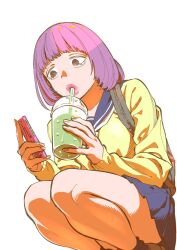 Rule 34 | 1girl, bag, black socks, blue sailor collar, blue skirt, breasts, brown eyes, cellphone, commentary request, cup, disposable cup, drinking, drinking straw, drinking straw in mouth, feet out of frame, from below, from side, hands up, highres, holding, holding cup, holding phone, lipstick, looking at phone, looking down, mada tetsukazu, makeup, medium breasts, miniskirt, original, phone, pink hair, pleated skirt, sailor collar, short hair, simple background, skirt, socks, solo, squatting, sweater, white background, yellow sweater