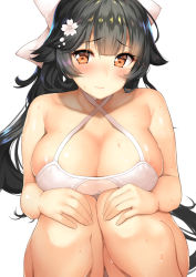 Rule 34 | 1girl, areola slip, azur lane, b-ginga, bare shoulders, black hair, blush, bow, breast rest, breasts, brown eyes, cleavage, closed mouth, criss-cross halter, flower, hair bow, hair flower, hair ornament, halterneck, hands on own knees, large breasts, long hair, looking at viewer, ponytail, simple background, solo, takao (azur lane), takao (beach rhapsody) (azur lane), wavy mouth, wet, white background