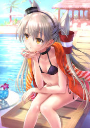Rule 34 | 10s, 1girl, amatsukaze (kancolle), bikini, black bikini, breasts, brown eyes, head rest, choker, collarbone, goto p, hair ornament, hairband, hat, jacket, jacket on shoulders, kantai collection, leaning forward, long hair, mini hat, mini top hat, navel, parted lips, poolside, side-tie bikini bottom, silver hair, sitting, small breasts, solo, swimsuit, top hat, twintails, two side up, very long hair