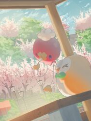Rule 34 | &gt; &lt;, closed eyes, cloud, commentary request, creatures (company), day, drifloon, game freak, gen 4 pokemon, gen 7 pokemon, highres, holding, lamppost, mokukitusui, nintendo, no humans, outdoors, pokemon, pokemon (creature), rowlet, sky, stairs, tree, twitter username