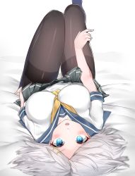 Rule 34 | 10s, 1girl, bad id, bad pixiv id, between breasts, blue eyes, breasts, eyebrows, grey skirt, hair ornament, hairclip, hamakaze (kancolle), hand on own thigh, highres, kantai collection, large breasts, leg lift, looking at viewer, lying, necktie, necktie between breasts, on back, on bed, open mouth, pantyhose, school uniform, serafuku, shiny clothes, shirt, short sleeves, silver hair, skirt, solo, suzuharu toufu, upside-down, white shirt