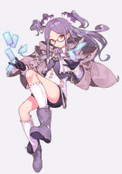 Rule 34 | 1girl, black gloves, boots, card, closed mouth, coat, fifuth, floating, glasses, gloves, grey background, grey footwear, highres, kneehighs, long hair, long sleeves, looking at viewer, magical girl, original, purple coat, purple hair, red eyes, shirt, shorts, sidelocks, simple background, socks, solo, thighs, two side up, white socks, zipper, zipper pull tab