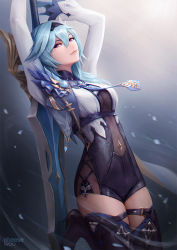 Rule 34 | 1girl, arms up, black footwear, black shorts, blue gloves, blue hair, boots, breasts, cheesewoo, cleavage, closed mouth, eula (genshin impact), genshin impact, gloves, hair between eyes, high heel boots, high heels, highres, holding, holding sword, holding weapon, long hair, long sleeves, looking at viewer, medium breasts, micro shorts, purple eyes, shorts, shrug (clothing), solo, sword, thigh boots, thighhighs, weapon