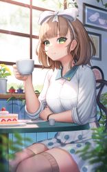 Rule 34 | 1girl, arm under breasts, asuka hina, beret, blunt bangs, blurry, blush, bokeh, bow, breasts, brown hair, brown thighhighs, cake, cake slice, chair, closed mouth, collared shirt, cup, depth of field, dress shirt, elbows on table, feet out of frame, food, green eyes, hair bow, hair ornament, hairband, hand up, hat, highres, holding, holding cup, indoors, long sleeves, looking at viewer, medium breasts, nijisanji, painting (object), picture frame, plant, polka dot, polka dot skirt, potted plant, restaurant, saucer, shirt, short hair, sitting, skirt, sleeves rolled up, smile, solo, suraimu (suraimuraimu), table, thighhighs, virtual youtuber, white shirt, white skirt, window, windowsill, zettai ryouiki