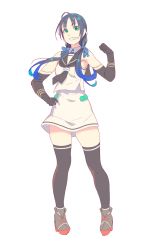 Rule 34 | 1girl, ahoge, black gloves, black sailor collar, black thighhighs, blue hair, clenched hand, commentary request, elbow gloves, full body, gloves, gradient hair, green eyes, hair ribbon, hand on own hip, highres, kantai collection, long hair, looking away, low twintails, multicolored hair, neckerchief, open mouth, ribbon, sailor collar, school uniform, serafuku, sidelocks, simple background, skirt, sleeveless, smile, solo, standing, suzukaze (kancolle), teeth, thighhighs, twintails, v-shaped eyebrows, white background, white skirt, yuuji (and), zettai ryouiki