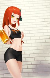 Rule 34 | 1girl, absurdres, aqua eyeshadow, bare shoulders, beer mug, black shorts, black tank top, breasts, brick wall, commission, commissioner upload, crop top, cup, eyeliner, eyeshadow, facial mark, fire emblem, fire emblem engage, highres, holding, holding cup, hooters, long hair, makeup, mug, navel, nintendo, non-web source, open mouth, orange hair, panette (fire emblem), red eyeliner, short bangs, shorts, sidelocks, small breasts, smile, solo, stitched mouth, stitches, tank top, teeth, upper teeth only