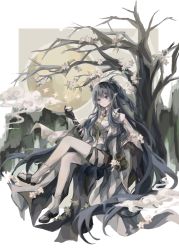Rule 34 | 1girl, absurdly long hair, arknights, bare tree, black footwear, black gloves, black shorts, blue eyes, blue hair, braid, choko (cup), closed mouth, cloud, collared shirt, commentary, cup, dragon horns, flower, full body, full moon, gloves, gourd, highres, holding, holding cup, horns, leaf, ling (arknights), long hair, long sleeves, looking afar, moon, necktie, pink flower, pointy ears, sandals, shirt, shorts, sidelocks, single braid, sitting, smile, socks, solo, thigh strap, tree, very long hair, white shirt, white socks, wide sleeves, yellow necktie, zaolin rinn