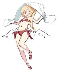 Rule 34 | 1girl, :d, bikini, blonde hair, blush, breasts, crystal, flandre scarlet, full body, hair between eyes, looking at viewer, navel, one side up, open mouth, paragasu (parags112), red bikini, red eyes, short hair, side-tie bikini bottom, side ponytail, simple background, sketch, small breasts, smile, solo, swimsuit, touhou, towel, v-shaped eyebrows, white background, wings