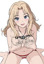 Rule 34 | 1girl, :d, american flag bikini, barefoot, bikini, bikini bottom only, blonde hair, blue eyes, blush, body writing, breast hold, breasts, covering breasts, covering privates, dog tags, flag print, girls und panzer, hair intakes, kay (girls und panzer), kotorigaka, large breasts, looking at viewer, navel, open mouth, simple background, sitting, smile, solo, stomach, swimsuit, topless, wariza, white background
