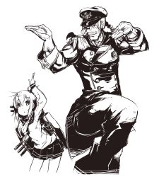 Rule 34 | 10s, 1boy, 1girl, admiral (kancolle), arms up, auru t, braid, facial hair, fighting stance, folded ponytail, g gundam, gloves, gundam, hand up, hat, highres, inazuma (kancolle), kantai collection, leg up, machinery, master asia, military, military uniform, monochrome, mustache, naval uniform, peaked cap, personification, pleated skirt, school uniform, serafuku, simple background, skirt, standing, triangle mouth, turret, uniform, white background