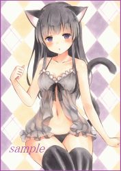 Rule 34 | 1girl, animal ears, babydoll, bad id, bad pixiv id, bare arms, bare shoulders, black eyes, black hair, black panties, black thighhighs, blush, collarbone, colored pencil (medium), commentary request, female focus, kemonomimi mode, lingerie, long hair, looking at viewer, marker (medium), navel, nightgown, original, panties, potto, potto (minntochan), purple eyes, sample watermark, see-through, see-through silhouette, sitting, solo, tail, thighhighs, traditional media, underwear, watermark
