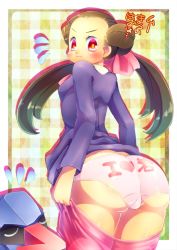 Rule 34 | 00s, 1girl, :t, ^^^, ass, bad id, bad pixiv id, blush, breasts, brown hair, checkered background, clothes pull, clothes writing, creatures (company), dress, dressing, flying sweatdrops, from behind, game freak, gen 3 pokemon, gym leader, hair ribbon, hair rings, heart, huge ass, long hair, long sleeves, looking back, naoto (yandereheaven), nintendo, nosepass, panties, pantyhose, pantyhose pull, pink eyes, pink pantyhose, pink ribbon, pokemon, pokemon (creature), pokemon rse, print panties, puffy long sleeves, puffy sleeves, purple dress, red eyes, ribbon, roxanne (pokemon), short dress, small breasts, text focus, twintails, underwear, white panties