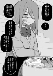 Rule 34 | 1girl, absurdres, bandaid, bento, bow, bowtie, bruise, bruise on face, collared shirt, comic, commentary, crossed arms, empty eyes, eyepatch, fried chicken, fried egg, greyscale, hair between eyes, highres, injury, jacket, kuga tsuniya, long hair, looking down, monochrome, original, school uniform, shirt, sidelocks, sitting, speech bubble, stairs, thighhighs, tomato, translation request