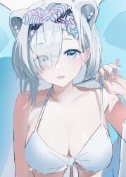 Rule 34 | 1girl, animal ears, arknights, aurora (arknights), bear ears, bikini, blue eyes, breasts, cleavage, eyes visible through hair, front-tie bikini top, front-tie top, hair over one eye, hairband, highres, large breasts, looking at viewer, sankichi (croquette crab), solo, strap pull, swimsuit, white bikini, white hair