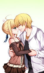 Rule 34 | 1boy, 1girl, ahoge, anger vein, artoria pendragon (all), artoria pendragon (fate), blonde hair, blush, casual, coat, earrings, face-to-face, fate/stay night, fate (series), gilgamesh (fate), gradient background, green eyes, hair ribbon, heart, holding, jewelry, mafuyu (kanden shoujyo), necklace, official alternate costume, red eyes, ribbon, saber (fate), sadakofxe