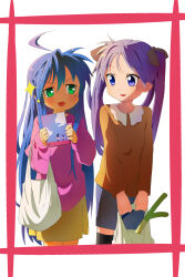 Rule 34 | 2girls, :3, :d, absurdres, ahoge, bag, black bow, blue hair, blush, book, bow, casual, chinese commentary, commentary, cowboy shot, friends, green eyes, hair between eyes, hair bow, highres, hiiragi kagami, holding, holding bag, holding book, izumi konata, long hair, looking at another, lucky star, mogege gk, mole, mole under eye, multiple girls, open mouth, orange shirt, parted bangs, pink sweater, purple eyes, shirt, shopping bag, side-by-side, sidelocks, simple background, smile, smug, sparkle, standing, sweater, twintails, v-shaped eyebrows, very long hair, white background