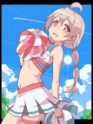 Rule 34 | 1girl, absurdres, ahoge, alternate costume, bare arms, bare shoulders, black border, blue sky, border, brown eyes, cheerleader, cloud, commentary, contrail, crop top, day, duplicate, grey hair, hair between eyes, hand on own chest, highres, holding, holding pom poms, leaning back, long hair, looking at viewer, midriff, miniskirt, multi-tied hair, navel, onii-chan wa oshimai!, open mouth, outdoors, outside border, oyama mahiro, petite, pleated skirt, pom pom (cheerleading), pom poms, skirt, sky, solo, sun, sweat, thigh strap, u illustrator