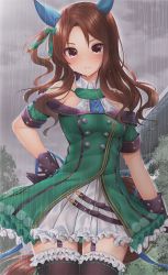Rule 34 | animal ears, bare shoulders, black thighhighs, blue eyes, brown hair, buttons, cowboy shot, crying, crying with eyes open, double-breasted, dress, ear covers, frilled thighhighs, frills, garter straps, gloves, green dress, hair ribbon, hand on own hip, highres, horse ears, horse girl, horse tail, king halo (umamusume), long hair, minato ojitan, miniskirt, off-shoulder dress, off shoulder, rain, ribbon, shirt, short sleeves, skirt, solo, swept bangs, tail, tears, thighhighs, umamusume, white shirt