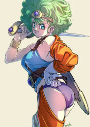 Rule 34 | 1girl, absurdres, aqua eyes, arched back, ass, bare shoulders, blue shirt, breasts, circlet, dragon quest, dragon quest iv, grey background, grey hair, hair between eyes, heroine (dq4), highres, holding, holding sword, holding weapon, jacket, jacket partially removed, looking at viewer, looking back, medium breasts, over shoulder, panties, parted lips, purple panties, shirt, short hair, signature, smile, solo, strikebeagle, sword, underwear, weapon, weapon over shoulder, wedgie, wristband