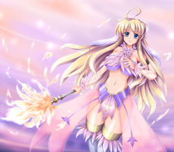 Rule 34 | 1girl, ahoge, althea, bare shoulders, blonde hair, blue eyes, breasts, feather trim, feathers, fire, hair ornament, holding, holding staff, large breasts, long hair, looking at viewer, luminous arc, luminous arc 2, multicolored hair, navel, raochuu, revealing clothes, sarong, sidelocks, smile, solo, staff, streaked hair, thighhighs, very long hair, white hair, white thighhighs