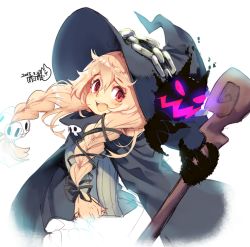 Rule 34 | 1girl, blonde hair, braid, chain, demon, hair ornament, hat, iroyopon, original, red eyes, skull, skull hair ornament, smile, solo, staff, witch, witch hat