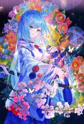 Rule 34 | 1girl, ball, blue eyes, blue hair, blush, breasts, bug, butterfly, emori miku, flower, fuzichoco, hair between eyes, insect, katana, kiyohime, liver city, long hair, looking at viewer, medium breasts, parted lips, rain, smile, snake, solo, standing, sword, very long hair, weapon, white snake