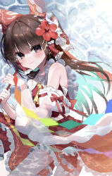 Rule 34 | 1girl, ascot, bare shoulders, blush, bow, brown eyes, brown hair, closed mouth, collared shirt, detached sleeves, flower, frilled bow, frilled hair tubes, frilled shirt collar, frilled skirt, frills, hair between eyes, hair bow, hair flower, hair ornament, hair tubes, hakurei reimu, highres, large bow, light smile, long hair, looking at viewer, red bow, red flower, red ribbon, red shirt, red skirt, ribbon, ribbon-trimmed sleeves, ribbon trim, rori82li, shirt, skirt, sleeve ribbon, sleeveless, sleeveless shirt, solo, thighs, touhou, yellow ascot