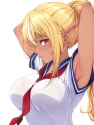Rule 34 | 1girl, adjusting hair, armpits, blonde hair, bra visible through clothes, breasts, commentary request, dark-skinned female, dark skin, highres, hololive, large breasts, long hair, looking at viewer, multicolored hair, neckerchief, p-nekoe, parted lips, pointy ears, ponytail, red eyes, red neckerchief, school uniform, serafuku, shiranui flare, shirt, short sleeves, solo, streaked hair, upper body, virtual youtuber, white hair, white shirt