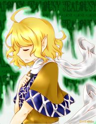 Rule 34 | 1girl, absurdres, artist name, aura, blonde hair, closed eyes, english text, female focus, from side, highres, md5 mismatch, mizuhashi parsee, pointy ears, profile, resized, resolution mismatch, self-upload, short hair, solo, source smaller, suikasen, touhou, upper body, upscaled