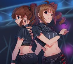 Rule 34 | 2girls, ahoge, back-to-back, belly chain, black skirt, blue eyes, blurry, blurry background, brown hair, commentary, crop top, depth of field, drill hair, earrings, english commentary, hair tie, idol, idolmaster, idolmaster million live!, jewelry, kamille (vcx68), looking at viewer, looking back, medium hair, midriff, miniskirt, multiple girls, navel, parted lips, ponytail, purple eyes, satake minako, short sleeves, side drill, side ponytail, sidelocks, skirt, wristband, yokoyama nao