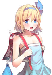 Rule 34 | 1girl, adapted costume, alice margatroid, alice margatroid (pc-98), backpack, bag, blonde hair, blue dress, blue eyes, book, culter, dress, flute, hair ribbon, instrument, looking at viewer, open mouth, randoseru, recorder, ribbon, short hair, simple background, smile, solo, strapless, strapless dress, touhou, touhou (pc-98), white background