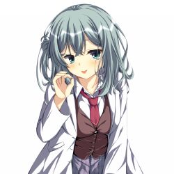 Rule 34 | 1girl, :p, aqua eyes, aqua hair, asagi nanami, blush, brown sweater vest, closed mouth, coat, collared shirt, commentary request, double-parted bangs, eyelashes, fellatio gesture, grey skirt, hair between eyes, hand up, highres, lab coat, long hair, long sleeves, looking at viewer, miniskirt, necktie, one side up, open clothes, open coat, plaid, plaid skirt, pleated skirt, red necktie, riddle joker, school uniform, seductive smile, shikibe mayu, shirt, simple background, skirt, smile, solo, sweater vest, tongue, tongue out, upper body, upturned eyes, wavy hair, white background, white shirt, wide sleeves