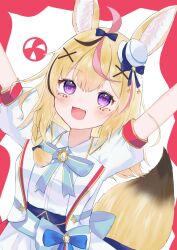 Rule 34 | 1girl, ahoge, animal ear fluff, animal ears, arms up, black hair, blonde hair, blue bow, blush, bow, bowtie, braid, facial mark, fox ears, fox girl, fox tail, hair bow, hair ornament, hair over shoulder, hat, highres, hololive, hololive idol uniform (bright), idol clothes, jacket, long hair, looking at viewer, mini hat, multicolored hair, omaru polka, open mouth, outstretched arms, piko pinapi, pink hair, puffy short sleeves, puffy sleeves, purple eyes, red background, shirt, short sleeves, side braid, simple background, single braid, smile, solo, streaked hair, tail, two-tone background, upper body, virtual youtuber, waist bow, white background, white jacket, white shirt, x hair ornament