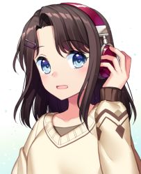 Rule 34 | 1girl, bang dream!, black hair, blue eyes, blush, brown sweater, collarbone, commentary request, gradient background, hair ornament, hairclip, hand up, headphones, jenevan, long sleeves, looking at viewer, medium hair, okusawa misaki, open mouth, sidelocks, solo, sweater, tareme, upper body, v-neck, white background