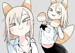 Rule 34 | 1girl, abe tomomi, animal ears, animal hands, blonde hair, closed mouth, copyright request, grey background, hair between eyes, highres, horizontal pupils, looking at viewer, medium hair, multiple views, open mouth, original, pocket, shirt, short sleeves, simple background, smile, tail, tsurime, white shirt, yellow eyes