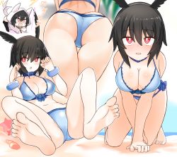 Rule 34 | 1girl, all fours, ass, bare shoulders, beach, bikini, black hair, blue bikini, blush, bracelet, breasts, chibi, cleavage, collar, collarbone, fate/grand order, fate (series), feet, halterneck, head wings, jewelry, large breasts, looking at viewer, multiple views, navel, open mouth, ortlinde (fate), red eyes, short hair, side-tie bikini bottom, smile, soles, spread legs, swimsuit, thighs, toes, valkyrie (fate), wings, yoosai