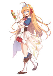 Rule 34 | 1girl, blue eyes, breasts, cleavage, deadnooodles, food, from side, highres, holding, holding food, kebab, long hair, looking at viewer, medium breasts, open mouth, orange hair, pecorine (princess connect!), princess connect!, simple background, skewer, solo, v, walking, white background