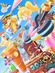 Rule 34 | 2girls, 4boys, absurdres, aircraft, anniversary, blonde hair, blue eyes, bodysuit, bowser, breasts, brown hair, claws, crown, day, dress, earrings, facial hair, fat, fat man, flying, food, glider, grin, hat, highres, ice cream, jewelry, kart, koopa troopa, lakitu, luigi, mario, mario (series), mario kart, mario kart 8, mario kart 8 deluxe, medium breasts, multiple boys, multiple girls, mustache, nintendo, overalls, pink dress, piranha plant, plant, ponytail, princess daisy, princess peach, racing, rainbow, red hair, smile, sparkle, spikes, super mushroom, toad (mario), v, wario, wheel, yoshi