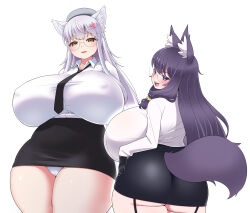 Rule 34 | 2girls, animal ear fluff, animal ears, black gloves, black necktie, black skirt, blush, borrowed character, breasts, breasts apart, cameltoe, cleft of venus, cowboy shot, curvy, female focus, fox ears, fox tail, futon7979, garter straps, glasses, gloves, highres, huge breasts, legs, long hair, looking at viewer, matching hair/eyes, multiple girls, necktie, no bra, open mouth, original, panties, plump, purple eyes, purple hair, shiny skin, shirt, simple background, size difference, skin tight, skindentation, skirt, slit pupils, smile, standing, sweatdrop, tail, taut clothes, taut shirt, thick thighs, thighhighs, thighs, underwear, white background, white hair, white shirt, wide hips, yellow eyes, zettai ryouiki