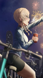 Rule 34 | 1girl, :d, aircraft, amane suzuha, arm up, bicycle, bicycle seat, bike shorts, blue sweater, blurry, blush, braid, breasts, brown hair, cup, depth of field, disposable cup, drinking straw, fireworks, from side, helicopter, highres, holding, holding cup, lamppost, long hair, looking ahead, medium breasts, night, night sky, open mouth, outstretched arm, profile, silvertsuki, sitting, sky, smile, solo, steins;gate, sweater, teeth, thighs, twin braids, upper teeth only