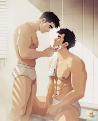 Rule 34 | 2boys, abs, bara, bathroom, bathtub, bird, black hair, briefs, closed mouth, couple, duck, eye contact, highres, indoors, large pectorals, looking at another, male focus, male underwear, multiple boys, muscular, muscular male, navel, nerdyart1, nipples, original, pectorals, razor, rubber duck, shaving, shaving another, shaving beard, shaving cream, short hair, sitting, smile, straight razor, thick thighs, thighs, towel on one shoulder, underwear, white male underwear, yaoi