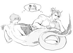 Rule 34 | 2boys, annoyed, bunnyclvb, closed eyes, commentary, drooling, english commentary, fins, fork, full body, greyscale, groin, hand on own face, head rest, hungry, looking at another, lying, male focus, merman, monochrome, monster boy, mouth drool, multiple boys, on side, open mouth, original, pants, plate, scales, scar on shoulder, sharp teeth, short hair, short ponytail, simple background, solo, spoken object, spoon, sweatpants, teeth, thought bubble, toned, toned male, topless male, white background