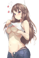 Rule 34 | 1girl, ashigara (kancolle), bbr (pixiv18012477), black panties, blue pants, blush, breasts, brown eyes, brown hair, clothes lift, denim, groin, heart, highres, jeans, kantai collection, lifted by self, long hair, medium breasts, midriff, navel, nipples, no bra, open pants, panties, pants, shirt, shirt lift, simple background, sleeveless, sleeveless shirt, solo, standing, stomach, underwear, very long hair, white background, white shirt