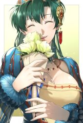 Rule 34 | 1girl, blush, breasts, cleavage, closed eyes, delsaber, detached sleeves, earrings, fire emblem, fire emblem: the blazing blade, fire emblem heroes, flower, gradient background, grey hair, hair ornament, head tilt, jewelry, long hair, long sleeves, lyn (fire emblem), medium breasts, necklace, nintendo, parted lips, puffy sleeves, smile, solo, teeth, upper body, upper teeth only