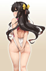 Rule 34 | 1girl, alternate costume, arms behind back, ass, backboob, bare arms, bare legs, bare shoulders, black hair, blush, breasts, commentary request, competition swimsuit, cowboy shot, fang, from behind, gluteal fold, hair ribbon, highleg, highleg swimsuit, highres, kantai collection, large breasts, long hair, looking at viewer, looking back, multicolored hair, naganami (kancolle), one-piece swimsuit, open mouth, pink hair, ribbon, simple background, skindentation, solo, standing, sweatdrop, swimsuit, two-tone hair, wavy hair, yellow ribbon, yoshi tama