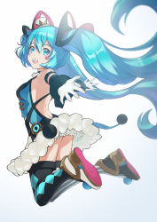 Rule 34 | 1girl, absurdres, aqua eyes, aqua hair, argyle, argyle clothes, argyle legwear, bare shoulders, breasts, commentary request, dress, facial mark, full body, gloves, gradient background, hair ornament, hat, hatsune miku, highres, huge filesize, itou kazuki, looking at viewer, magical mirai (vocaloid), magical mirai miku, magical mirai miku (2019), mini hat, number tattoo, open mouth, pom pom (clothes), shoes, short dress, simple background, small breasts, smile, solo, striped, tattoo, thighhighs, thighs, twintails, vertical stripes, vocaloid, white background, white gloves