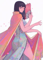 Rule 34 | 1girl, absurdres, black hair, breasts, cape, china dress, chinese clothes, dress, extra arms, fan, from behind, hana hana no mi, hand fan, highres, holding, holding fan, large breasts, long hair, looking at viewer, looking to the side, mygiorni, nico robin, one piece, side slit, simple background, smile, solo, white background