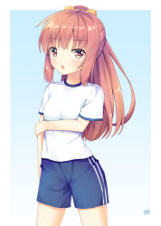 Rule 34 | 1girl, blue background, blue shorts, bow, breasts, brown eyes, brown hair, cowboy shot, gradient background, gym uniform, hair bow, highres, long hair, looking at viewer, open mouth, orange bow, original, ponytail, shirt, short shorts, short sleeves, shorts, small breasts, solo, standing, white background, white shirt, win opz