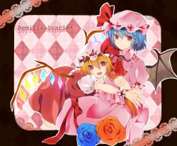 Rule 34 | 2girls, ascot, bad id, bad pixiv id, bat wings, blonde hair, blue hair, character name, crystal, fang, female focus, flandre scarlet, flower, hat, hat ribbon, highres, hug, jewelry, multiple girls, naata55, open mouth, puffy sleeves, red eyes, remilia scarlet, ribbon, rose, short hair, short sleeves, siblings, sisters, smile, touhou, wings, wrist cuffs