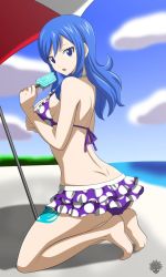 Rule 34 | 1girl, ass, bare shoulders, barefoot, beach, beach umbrella, breasts, day, eyebrows, eyelashes, fairy tail, female focus, full body, juvia lockser, kneeling, large breasts, long hair, looking at viewer, ocean, on ground, open mouth, outdoors, soles, solo, tagme, toes, umbrella